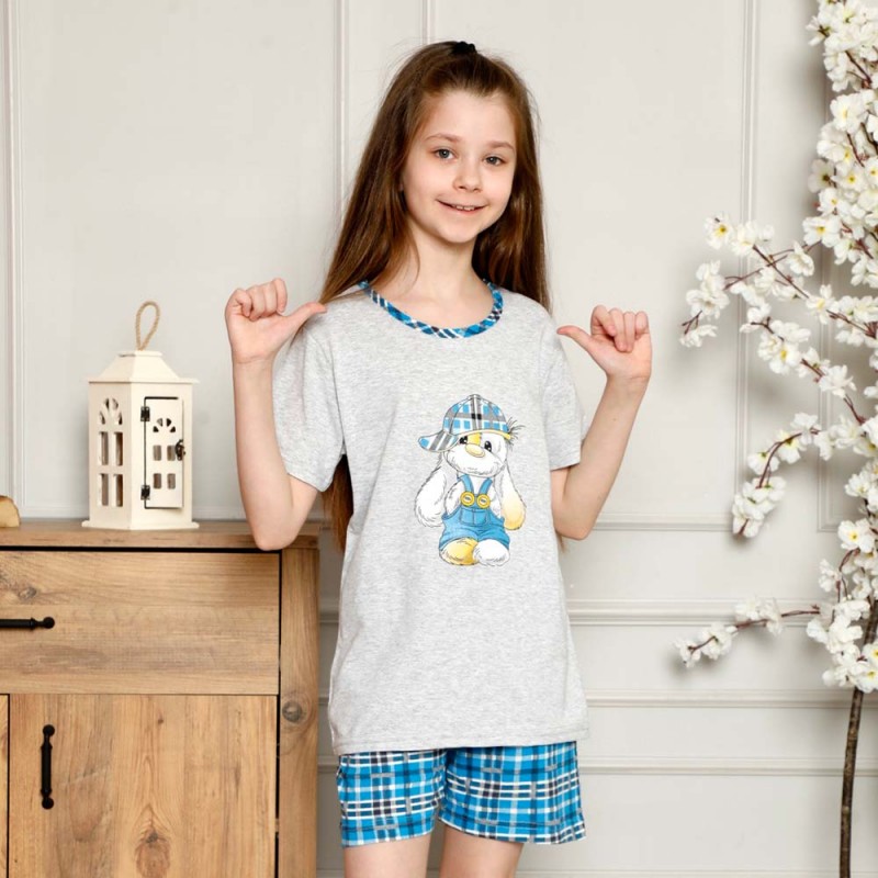 Śliczna szaro-niebieska piżama dziewczęca z króliczkiem 134 140 146 152 158 164