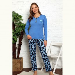 Kwiatowa damska piżama z długim rękawem niebieska M L XL 2XL