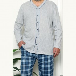 Piżama męska rozpinana z bawełny szaro-niebieski wzór w kratę 2XL 3XL 4XL 5XL
