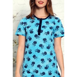 Damska koszula nocna niebieska z wzorem w róże M L XL 2XL