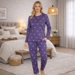 Wieczorny reset śliczna piżama damska bawełna 100% dwuczęściowa fioletowa w kokardki